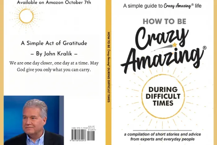 A split image showing the front and back cover of a self-help book titled "HOW TO BE Crazy Amazing DURING DIFFICULT TIMES."