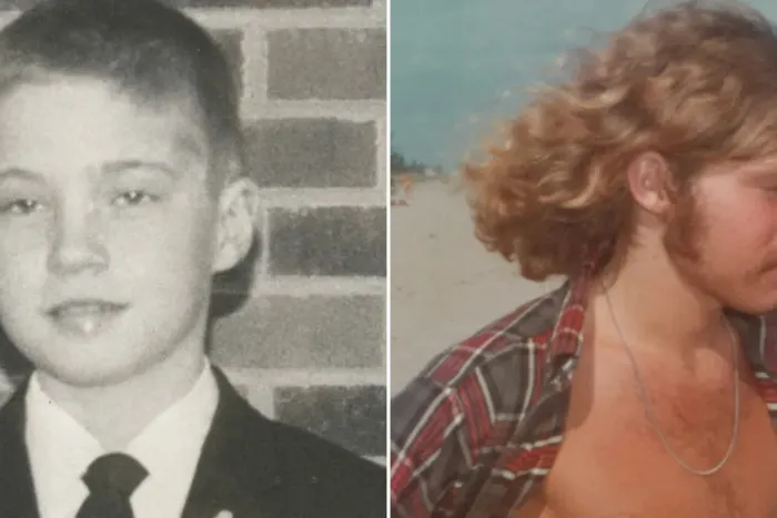 An image of two boy, on the left is a young boy in a suit and tie while on the right is a young adult with long, shaggy wearing an unbuttoned plaid shirt and a silver chain.